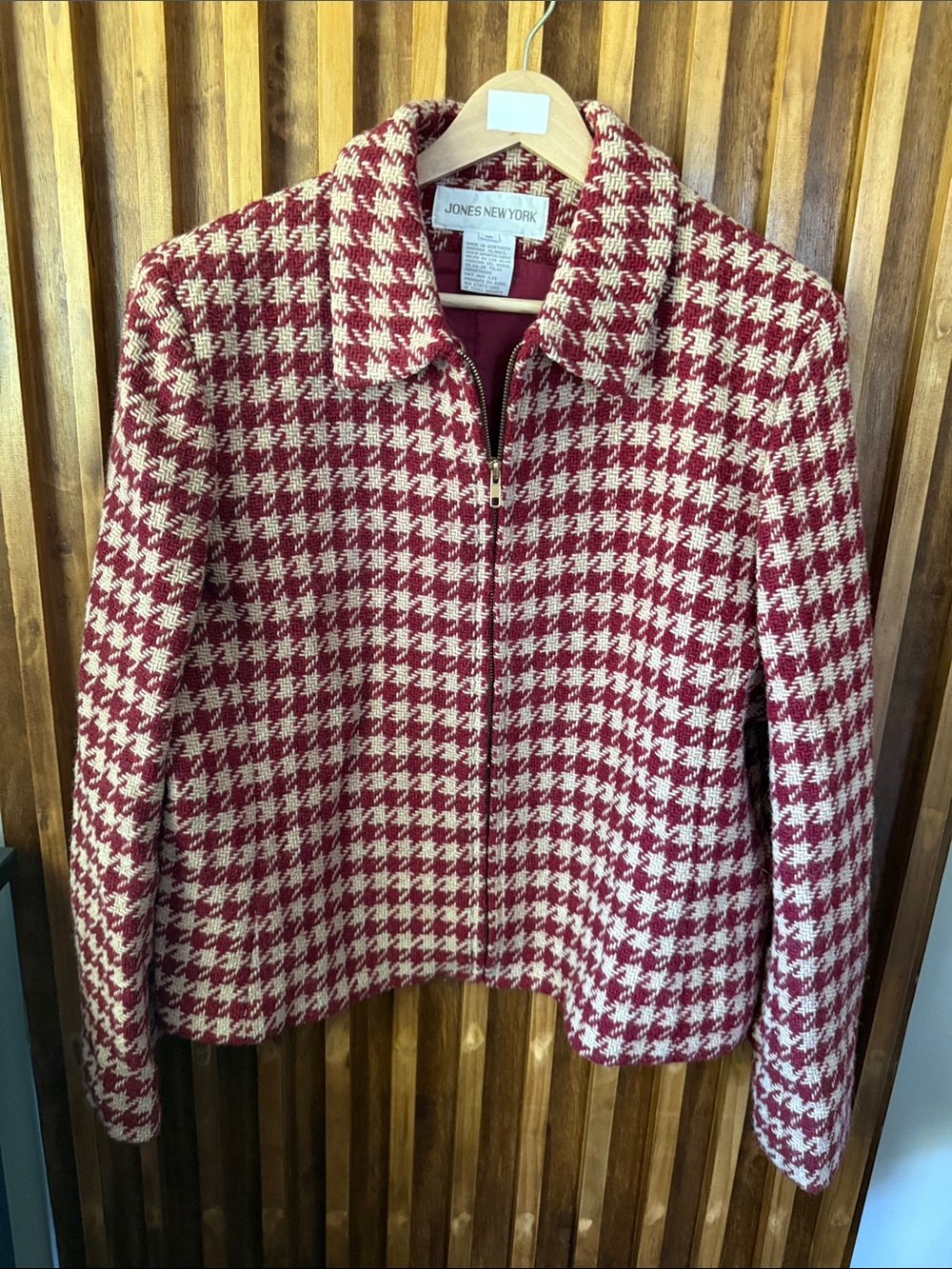 Jones New York Red/Ivory Wool Houndstooth Print Zip Up Cardigan Jacket Size 16